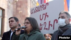 Karin Tonoyan (C), leader of the “5165” opposition movement, addresses a rally in front of the central government office in Yerevan, Armenia, November 22, 2021.