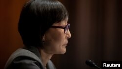 Saule Omarova is seen during a hearing with the Senate Banking Committee at the U.S. Capitol in Washington on November 18.