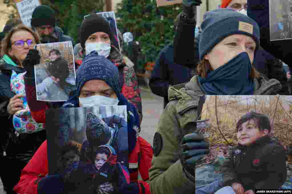 The previous day, people protested with photos of children to draw attention to the humanitarian situation on the border, in the Polish town of Hajnowka.&nbsp;