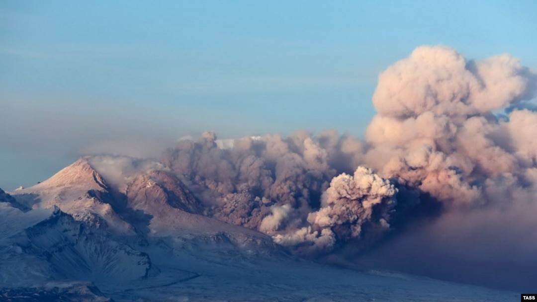 An ash cloud rises from the erupted Shiveluch volcano on the Kamchatka Peninsula in January 2013.