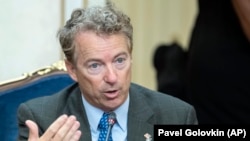 U.S. Senator Rand Paul speaks during his meeting with Russian lawmakers in Moscow on August 6.