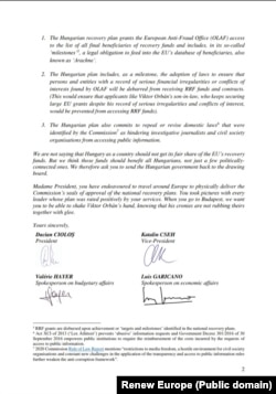 Fragment din scrisoare trimisă de Renew Europe Comisiei Europene în care cere ca Ungaria să respecte trei noi condiții înainte de aprobarea PNRR.