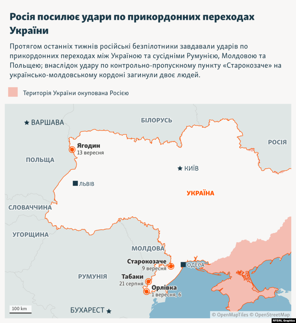 Мапа, на якій показано удари по об'єктах вздовж західного кордону України, що розпочалися із кінця серпня 2026 року
