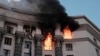 Smoke rises from a fire at Ukraine's Cabinet of Ministers building after a Russian strike on Kyiv on September 7. 