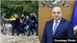 ფოტოკოლაჟი: მარცხენა მხარეს ჩანს გორში პოლიციელების მხრიდან ძალადობა.