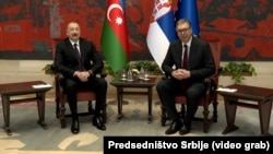 Predsednik Azerbejdžana Ilham Alijev i predsednik Srbije Aleksandar Vučić u Beogradu, 15. februar 2026. 