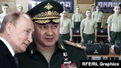 Руският президент Владимир Путин (вляво) и военният министър Сергей Шойгу. Колаж.