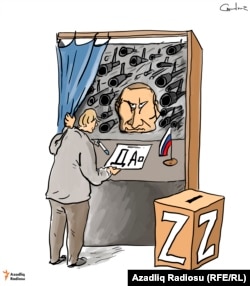 Украинанын басып алынган аймактарындагы референдумдарды чагылдырган карикатура.