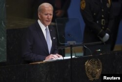 Președintele SUA, Joe Biden, se adresează celei de-a 77-a sesiuni a Adunării Generale a Organizației Națiunilor Unite, la sediul din New York, SUA, 21 septembrie 2022.