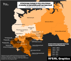 Карта із втратами через надсмертність від голоду в 1932-1934 роках в Україні та європейській частині Росії, за регіонами, у розрахунку на 1000 осіб