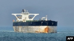 The oil tanker Marinera, formerly known as Bella 1, is pictured in the Singapore Strait on March 18, 2025.