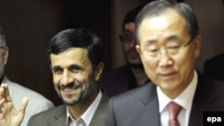 Iranian President Mahmud Ahmadinejad (left) with UN Secretary-General Ban Ki-moon in New York in September 2008