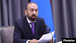 Armenia -Foreign Minister Ararat Mirzoyan speaks at a news briefing in Yerevan, October 15, 2026.