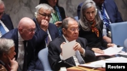 Министр иностранных дел России Сергей Лавров (справа на переднем плане) на заседании Совета Безопасности ООН. Нью-Йорк 24 апреля 2023 года.