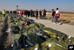 Bodies of the victims of the plane crash are collected by rescue team at the scene in Shahedshahr, southwest of the capital, Tehran, on January 8, 2020.
