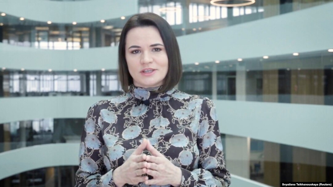 Belarusian opposition leader Svyatlana Tsikhanouskaya delivers a statement in Vilnius on March 18.