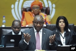 South African President Cyril Ramaphosa answers questions in parliament in Cape Town on May 11.