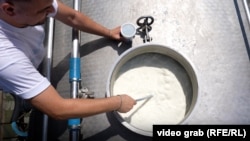 Një punëtor në një fabrikë të qumështit në Kosovë, gjatë kontrollit të produktit. 