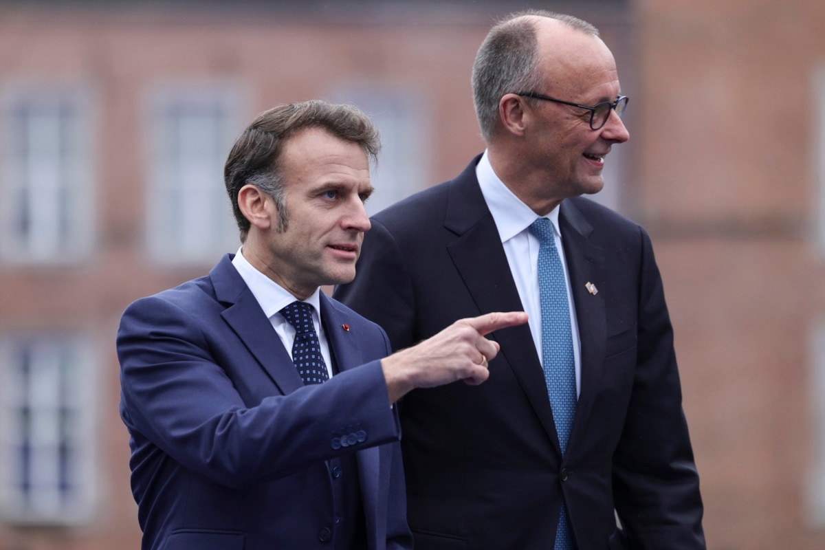 French President Emmanuel Macron and German Chancellor Friedrich Merz at an informal meeting of European Council leaders at Alden Biesen Castle in Belgium on 12 February 2026