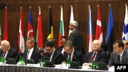 Spain's Miguel Angel Moratinos (second right) and Poland's Radoslaw Sikorski (right) co-hosted today's meeting in Sopot.