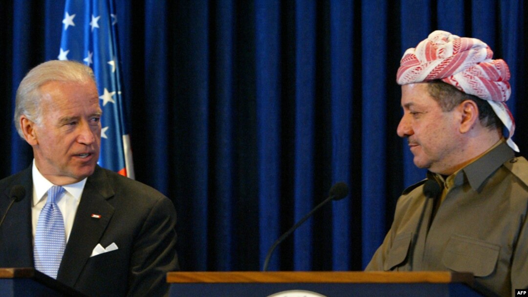 Kurdish region President Masud Barzani (right) and U.S. Vice President Joe Biden address a joint press conference in Irbil in 2009.