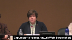 Амбасадарка, сталая прадстаўніца Беларусі пры Адзьдзяленьні ААН і іншых арганізацыях у Жэневе Ларыса Бельская. Скрыншот з трансьляцыі 