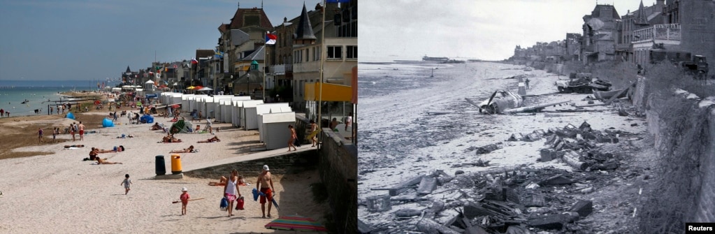 On the right, a downed plane on Juno Beach in Saint-Aubin-sur-Mer, and on the left, the same beach as it appears today.