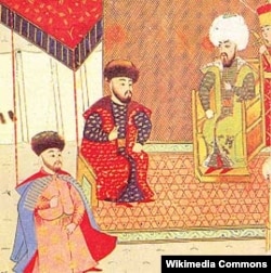 Будущий крымский хан Девлет I Герай (крайний слева) на приеме у султана Баязида