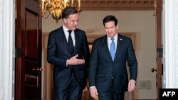 NATO Secretary-General Mark Rutte (left) speaks with US Secretary of State Marco Rubio at the White House in Washington on April 8, ahead of a closed-door meeting with US President Donald Trump later that day. 