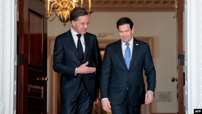 Sekretari amerikan i Shtetit, Marco Rubio, dhe shefi i NATO-s, Mark Rutte. Uashington, 8 prill 2026.