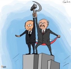 Russian and Belarusian leaders Vladimir Putin and Alexander Lukashenko in a cartoon by artist Gunduz Agayev