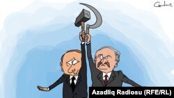 Aleksandr Lukașenko este un apropiat al lui Vladimir Putin. Belarus (poziționată în nordul Ucrainei) a pus la dispoziția Kremlinului teritoriul și forțele pentru invadarea Ucrainei. Caricatură realizată de Gunduz Agayev