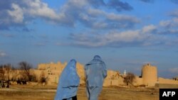 Afghanistan -- Two burqa-clad Afghan women walk on the outskirts of Herat, January 22, 2013