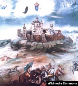Картина, що зображає явлення Богоматері на Почаївській горі, 23 липня 1675 року під час вторгнення турецького війська (картина 1800 року)