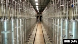 Various centrifuge machines line the hall at Iran's Natanz uranium-enrichment facility.