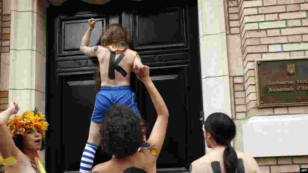 France -- French members of Ukrainian feminist group Femen protest against prostitution during the Euro 2012 football championships in front of the Ukrainian Embassy in Paris, 01Jun2012