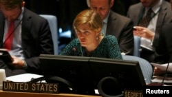 Постоянный представитель США Саманта Пауэр обращается к Совету Безопасности ООН во время встречи в штаб-квартире ООН в Нью-Йорке. 29 августа 2013  Архивно-иллюстративное фото. 
