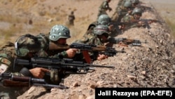 Afghan National Army soldiers attend a training session in Herat on September 24.