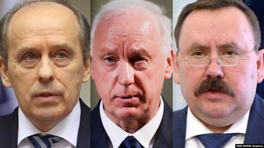 FSB Director Aleksandr Bortnikov (left); Investigative Committee head Aleksandr Bastrykin (center); and prison service chief Aleksandr Kalashnikov are among the seven top Russian government officials targeted by new U.S. sanctions. (combo photo)