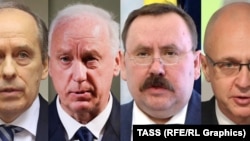 De la stânga la dreapta: directorul FSB Aleksandr Bortnikov; șeful Comitetului de investigații Aleksandr Bastrykin; șeful Serviciului închisori Aleksandr Kalashnikov și Sergei Kiriyenko, prim adjunct al consilierului șef de la Kremlin