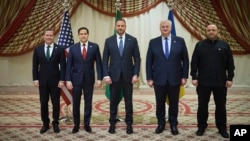 US national-security adviser Mike Waltz, US Secretary of State Marco Rubio, Ukrainian Head of Presidential Office Andriy Yermak, Ukrainian Foreign Minister Andriy Sybiha, and Ukrainian Defense Minister Rustem Umerov pose for a photo after meeting in Jeddah, Saudi Arabia, on March 11.