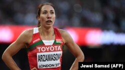 Belarus's Marina Arzamasova reacts after competing in the women's 800 meters at the 2017 IAAF World Championships in London in August 2017