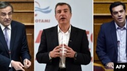 Грециянын премьер-министри Антонис Самарас, "Потами" партиясынын лидери Ставрос Теодоракис жана СИРИЗА коалициясынын башчысы Алексис Ципрас.