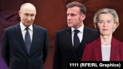Коллаж: Путин, Макрон, Урсула фон дер Ляйен