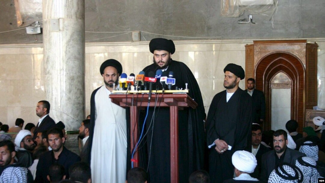 Muqtada al-Sadr speaks during Friday Prayers at the Al-Kufah Mosque in Al-Najaf in 2006.
