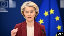 European Commission President Ursula Von der Leyen attends a press conference in Brussels on December 3.