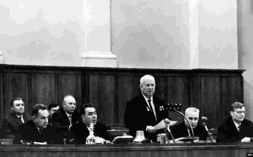 Khrushchev speaks during a session of the Central Committee of the Communist Party in October 1964, at the end of his term in office. Having alienated much of the Soviet elite, Khruschev was eventually forced to retire by his opponents, led by Leonid Brezhnev. 