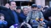 Armenia - Businessman Gagik Tsarukian (L) and protest leader Nikol Pashinian speak to reporters in Yerevan, 2 May 2018.