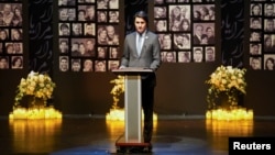 Canadian Prime Minister Justin Trudeau at a memorial service to remember the victims of a Ukrainian airliner shot down in Iran in 2020.