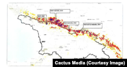 მყინვარების მეორე რუკა, სადაც პოტენციური ბუნებრივი საფრთხე - კლდეზვავი - გარემოს ეროვნულმა სააგენტომ მიუთითა, მათ შორის დევდორაკი [2014 წელს] და შოვი [2023 წელს]. აქ 2024 წლამდე ხევსურეთი მონიშნული არ იყო.